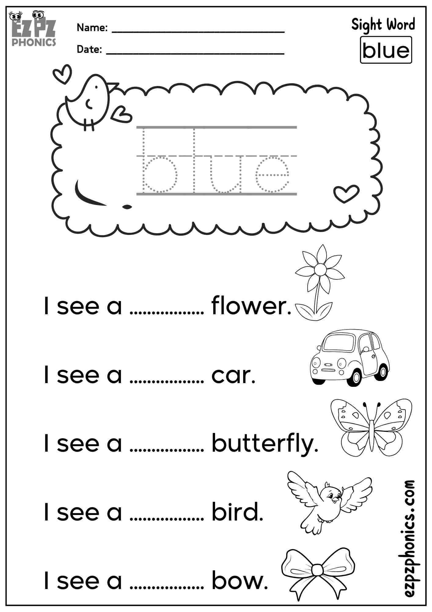 The Word “Blue” - Dolch Pre-Kindergarten Sight Words Sentences Worksheet – Free PDF Download For Members - Sign Up for Free